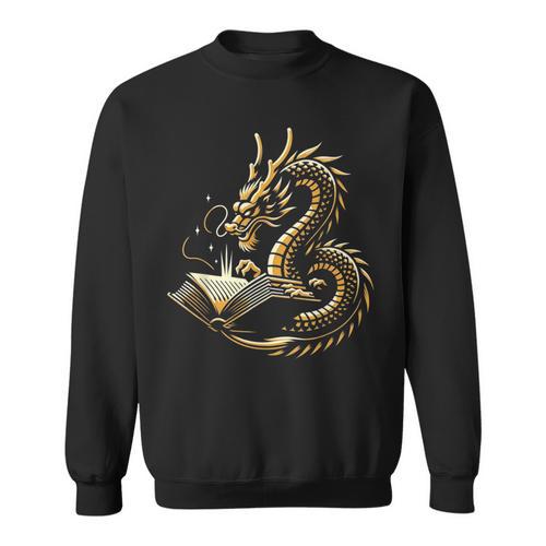 Book Lovers Dragon Fantasy Art Mythical Creatures Yellow Bookworm Chinese Dragon Sweatshirt - Bookorys