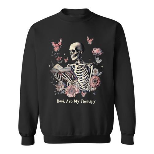 Book Are My Therapy Skeleton Book Reading Floral Butterfly Sweatshirt - Bookorys