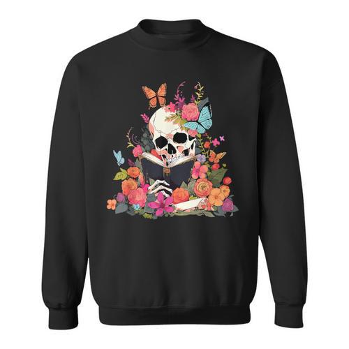 Book Reading Skull Skeleton Flowers Floral Bookish Butterfly Sweatshirt - Bookorys