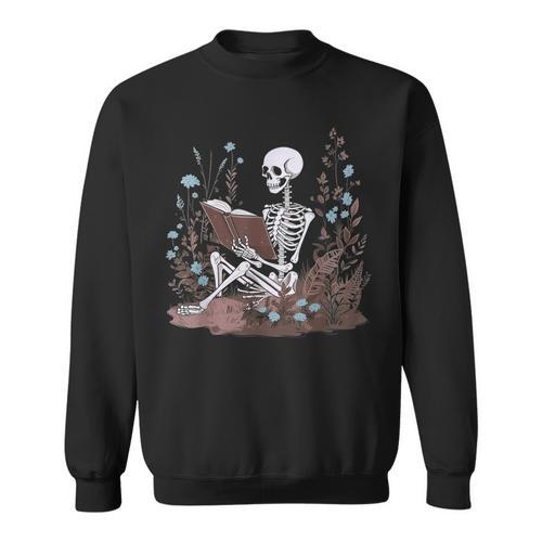 Bookish Cottagecore Aesthetic Floral Skeleton Book Lover Sweatshirt - Bookorys
