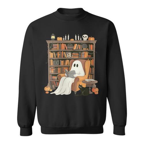Bookish Ghost Haunted Library Cat Bookworm Book Lover Sweatshirt - Bookorys