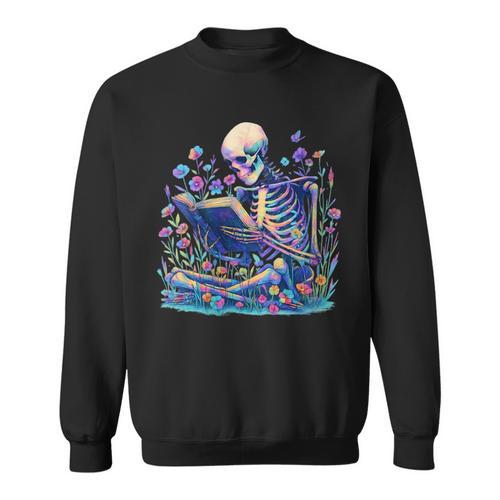 Bookish Skeleton Reading In Wildflowers Book Lover Bookworm Sweatshirt - Bookorys