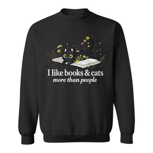 I Like Books & Cats More Than People Cat Book Lover Reading Sweatshirt - Bookorys