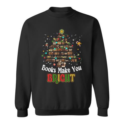 Books Make You Bright Books Christmas Tree Merry Xmas Sweatshirt - Bookorys UK