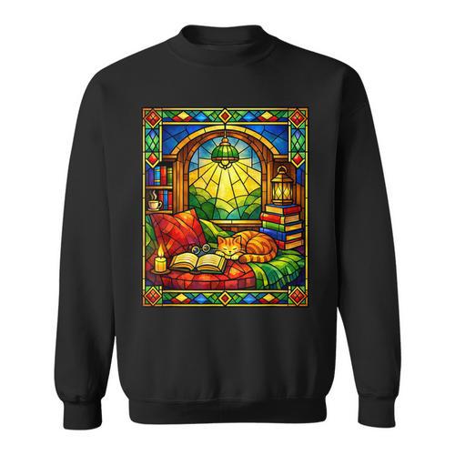 Cat Book Coffee Stained Glass Reading Cottagecore Book Lover Sweatshirt - Bookorys AU