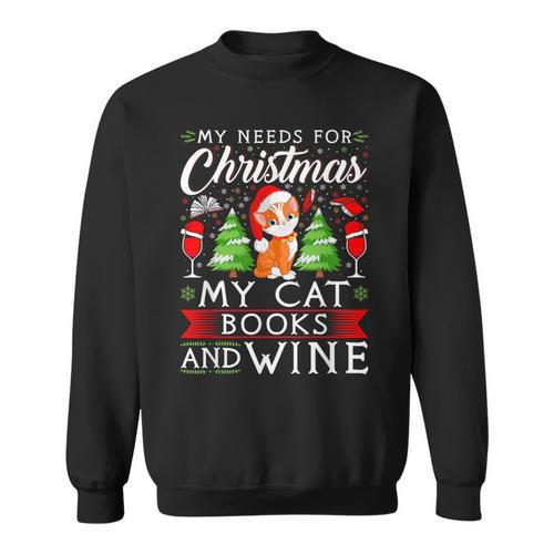 Cat Books Wine Lover Cute Cat Christmas Men Women Sweatshirt - Bookorys AU
