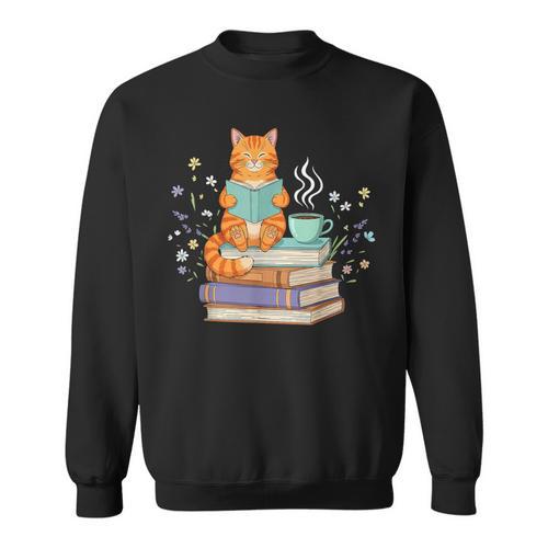 Cat Reading Book Lover Coffee Books Teacher Librarian Cat Sweatshirt - Bookorys AU