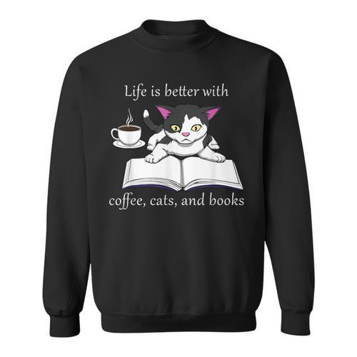 Cat Reads a Book Reading Coffee Sweatshirt - Bookorys AU