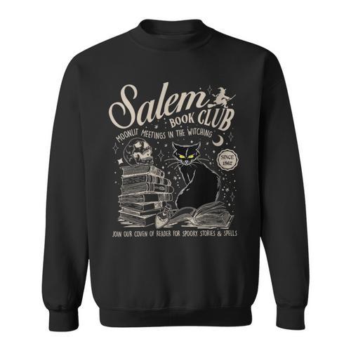 Cat Witch Salem Book Club Reading Halloween Book Lover Sweatshirt - Bookorys AU