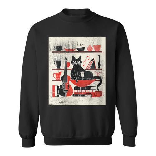 Cats Music Books Lover Essentials Red Retro Silkscreen Sweatshirt - Bookorys AU