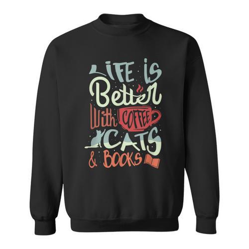 Coffee Cats And Books Cute Kitty Reading Sweatshirt - Bookorys AU