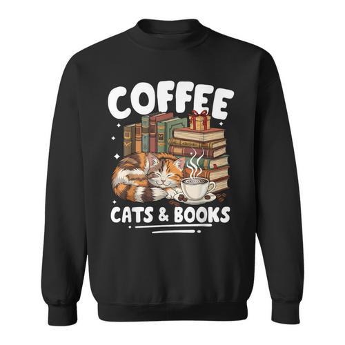 Coffee Cats And Books Cats And Reading Lovers Sweatshirt - Bookorys