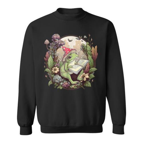 Cottagecore Aesthetic Frog Reading Book Mushroom Hat Floral Sweatshirt - Bookorys AU