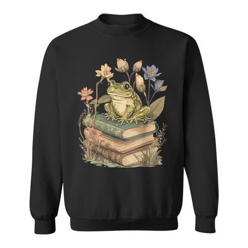 Cottagecore Aesthetic Frog Reading Book Mushroom Lover Sweatshirt - Bookorys UK