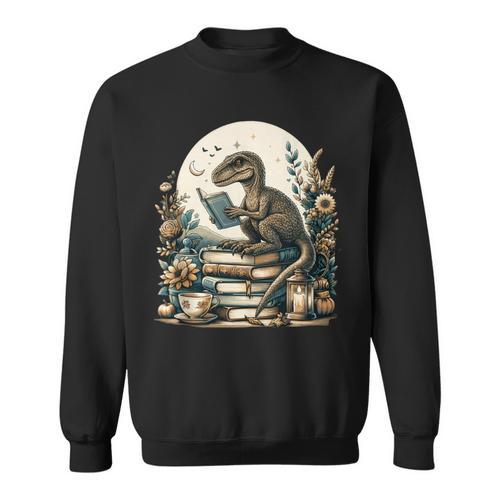Cottagecore Aesthetic Velociraptor Dinosaur Reading Book Sweatshirt - Bookorys UK