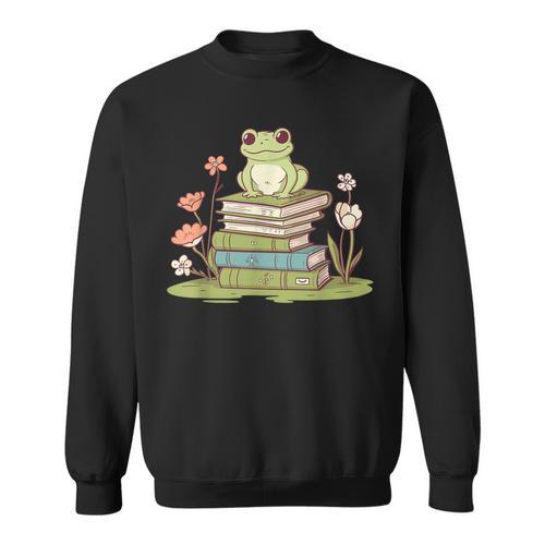 Cottagecore Aesthetics Frog In Flowers On Books Sweatshirt - Bookorys