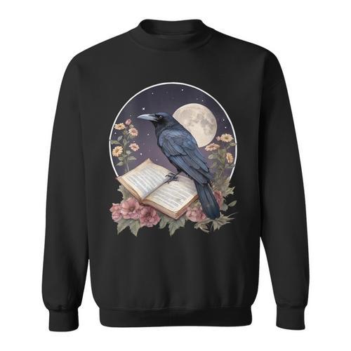 Crow Reading Book Crow Cottagecore Botanical Flowers Vintage Sweatshirt - Bookorys CA