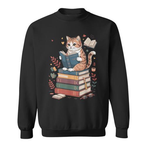 Cute Cat Reading Books With Tea Sweatshirt - Bookorys AU