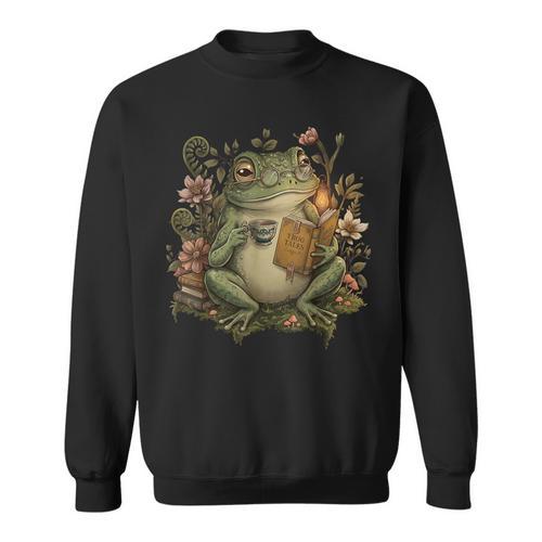 Cute Cottagecore Aesthetic Frog Book Reading Lover Librarian Sweatshirt - Bookorys CA