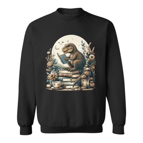 Cute Cottagecore Aesthetic T-Rex Dinosaur Reading Book Nerd Sweatshirt - Bookorys CA