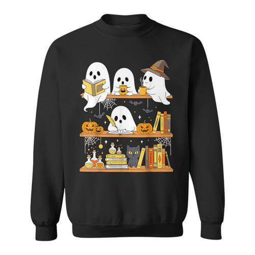 Cute Halloween Ghost Bookshelf Cat Book Lover Sweatshirt - Bookorys