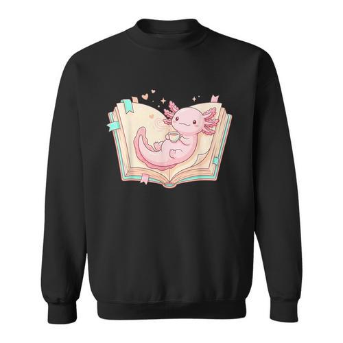 Cute Kawaii Axolotl Book Tea Lover Women Reading Cozy Art Sweatshirt - Bookorys AU