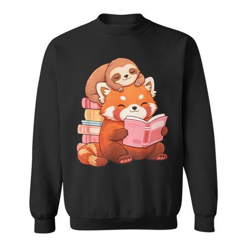 Cute Red Panda Reading Book Sloth Kawaii Animal Sweatshirt - Bookorys