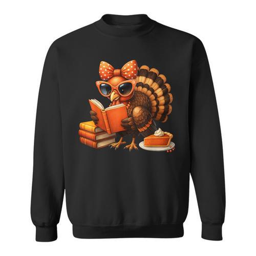 Cute Turkey Reading Book Lovers Bow Thanksgiving Sweatshirt - Bookorys