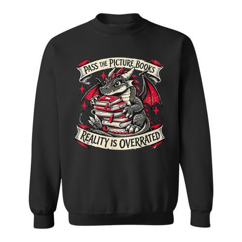 Dragon Reading Books Reality Overrated Reader Book Sweatshirt - Bookorys CA