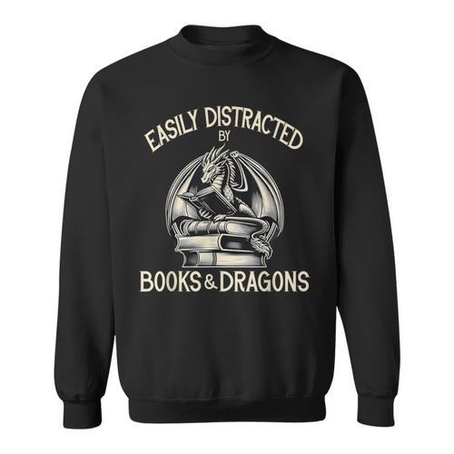 Easily Distracted By Books And Dragons Book Dragon Lover Sweatshirt - Bookorys UK
