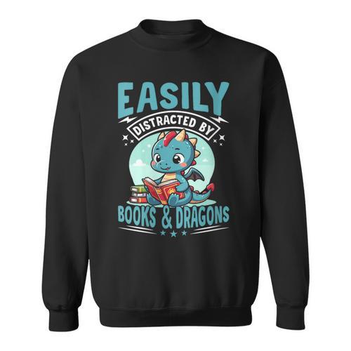 Easily Distracted By Books And Dragons Nerds Sweatshirt - Bookorys