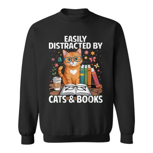 Easily Distracted By Cats And Books Book Lover Cat Sweatshirt - Bookorys