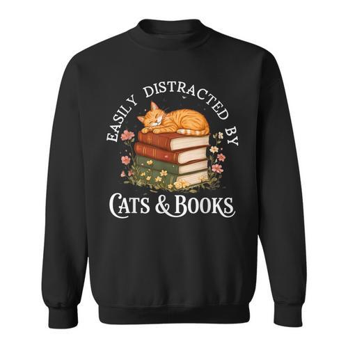 Easily Distracted By Cats And Books Cat And Book Lover Sweatshirt - Bookorys