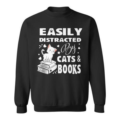 Easily Distracted By Cats And Books Books Cat Book Lover Sweatshirt - Bookorys
