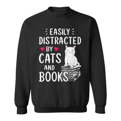 Easily Distracted By Cats And Books Cat Lover Sweatshirt - Bookorys AU