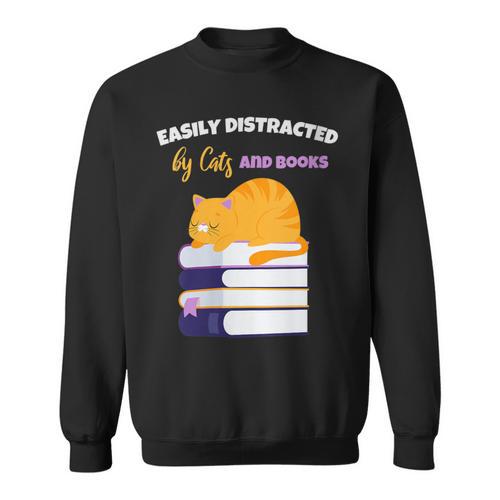 Easily Distracted Cats And Books Cute Cat Book Lover Sweatshirt - Bookorys AU