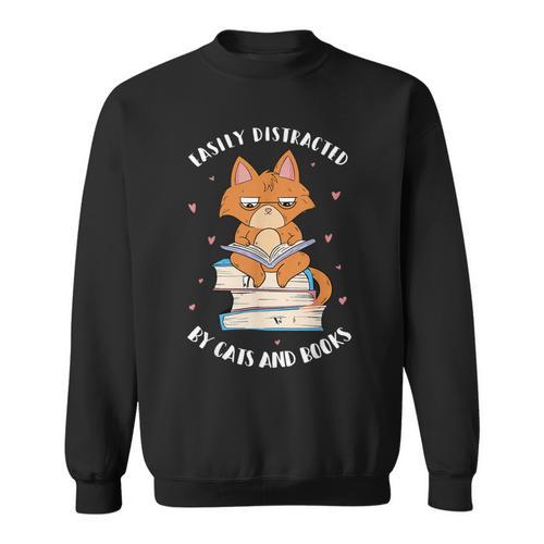 Easily Distracted By Cats And Books Shirts Book Lover Sweatshirt - Bookorys AU