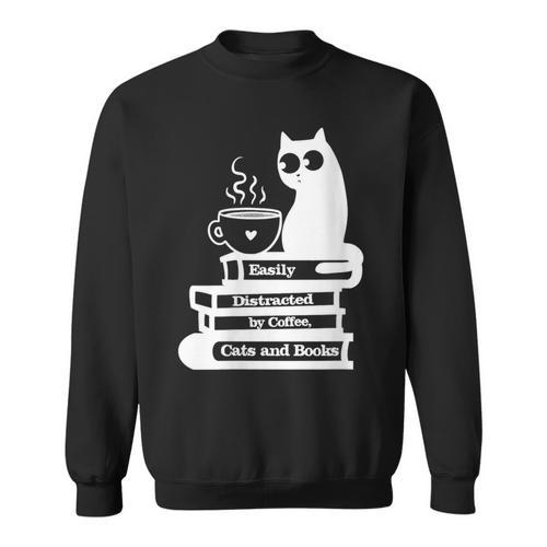Easily Distracted Cats Coffee And Books Sweatshirt - Bookorys AU