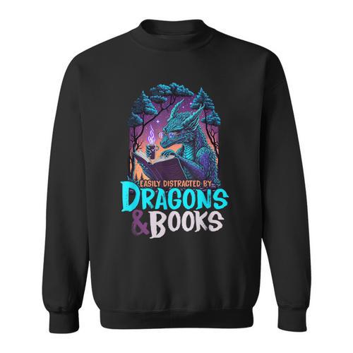 Easily Distracted By Dragon And Books For Book Lover Sweatshirt - Bookorys AU