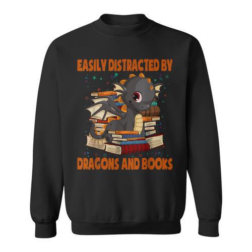 Easily Distracted By Dragon And Books Cute Dragon Read Book Sweatshirt - Bookorys CA