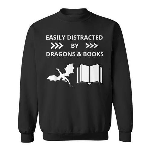 Easily Distracted By Dragon And Books Nerds Sweatshirt - Bookorys