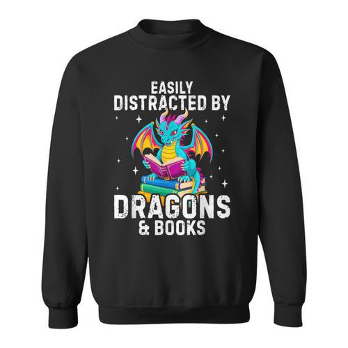 Easily Distracted By Dragons & Books Bookworm Library Sweatshirt - Bookorys AU