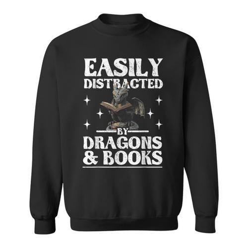 Easily Distracted By Dragons And Books Fantasy Book Lover Sweatshirt - Bookorys