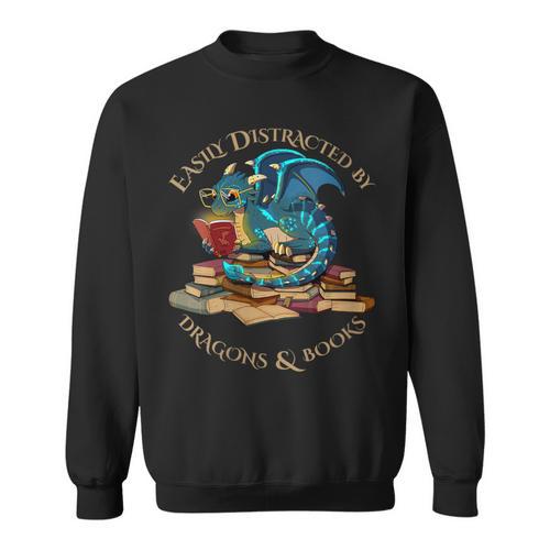 Easily Distracted By Dragons And Books Nerd Dragon Sweatshirt - Bookorys