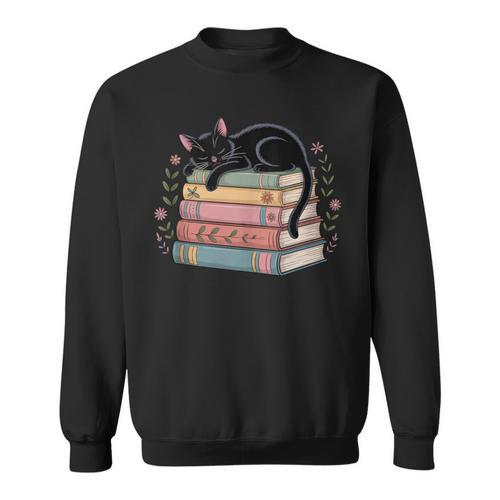 Floral Cat Sleeping On Books Sweatshirt - Bookorys AU