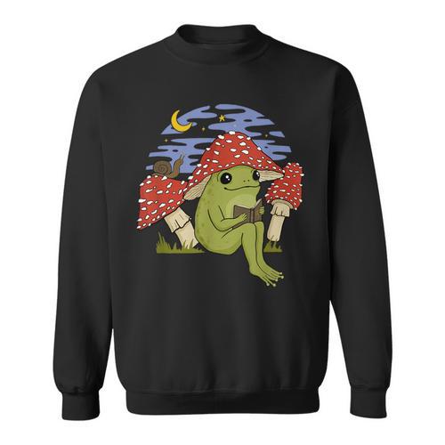 Frog With Mushroom Hat Cottagecore Goblincore Book Lover Sweatshirt - Bookorys