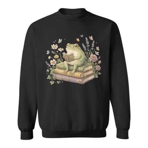 Frog Reading Book Aesthetic Cottagecore Floral Frog Girls Sweatshirt - Bookorys DE
