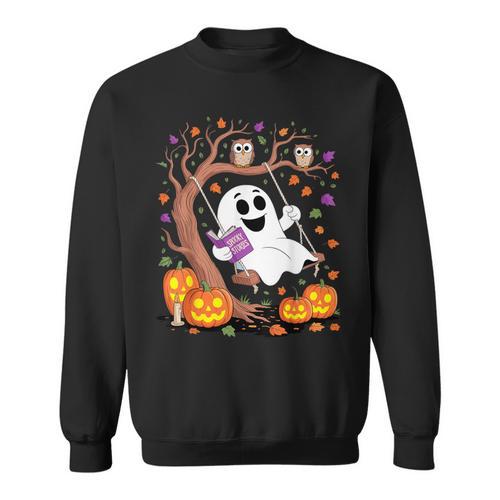 Ghost Reading Book On Swing Halloween Autumn Art Sweatshirt - Bookorys UK