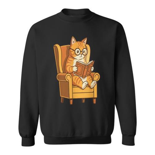 Ginger Tabby Cat Reading Book Glasses Retro Illustration Sweatshirt - Bookorys AU