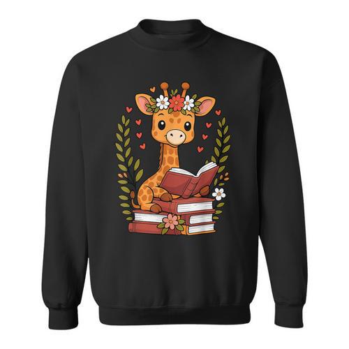 Giraffe Reading Book Graphic Giraffe With Book Floral Sweatshirt - Bookorys CA